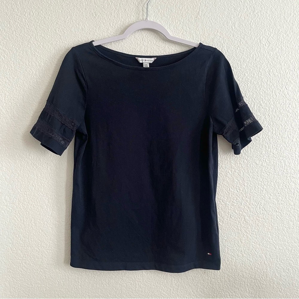 Tommy Hilfiger 100% Cotton Navy Blue Women’s T-shirt Embroidered Lace Sleeves S